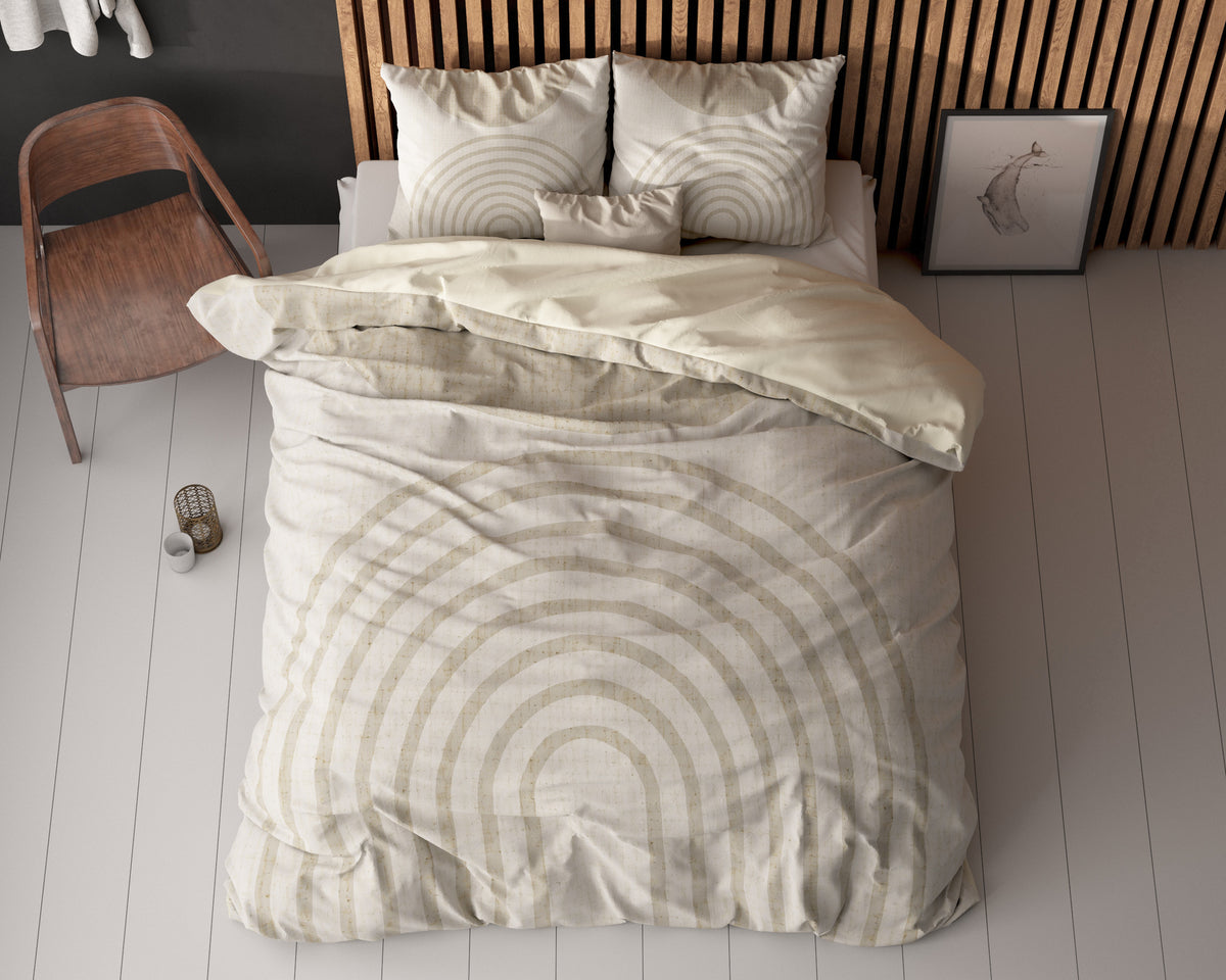 Dekbedovertrek micropercal beige met boogprint 240 x 220 cm, met 2 kussenslopen voor de slaapkamer