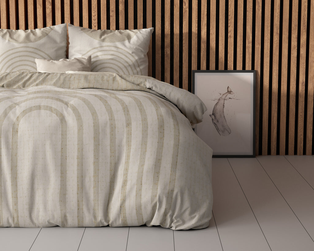 Dekbedovertrek micropercal beige met boogprint 240 x 220 cm, met 2 kussenslopen voor de slaapkamer