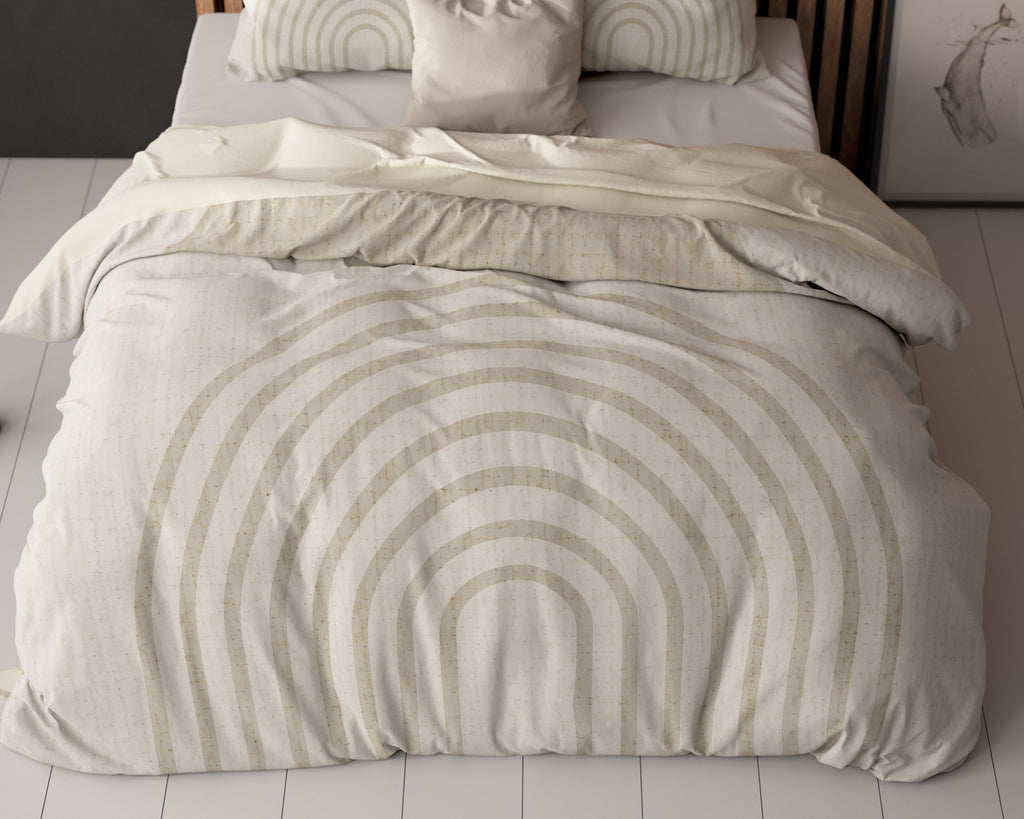 Dekbedovertrek micropercal beige met boogprint 240 x 220 cm, met 2 kussenslopen voor de slaapkamer
