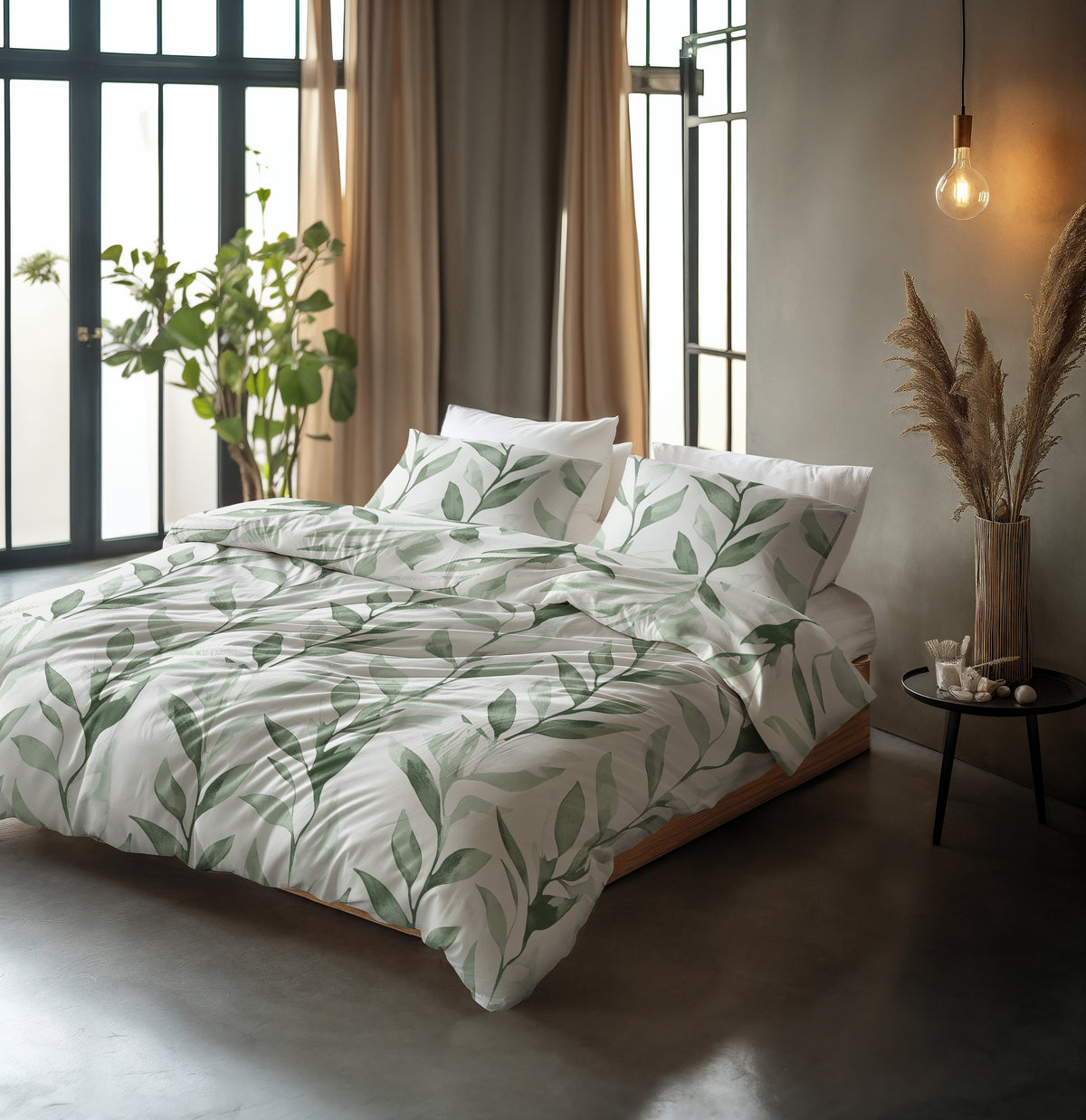 Bed opgemaakt met groen dekbedovertrek met bladerenprint en kussenslopen in een slaapkamer met grote ramen