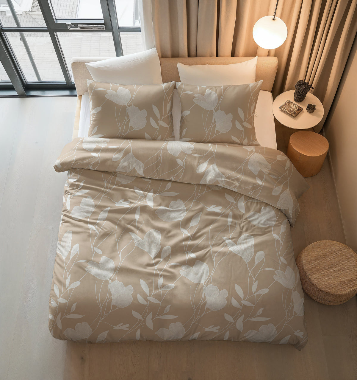 Dekbedovertrek katoen Lente zand beige bloemendessin 140 x 220 cm, met 2 kussenslopen 60 x 70 cm