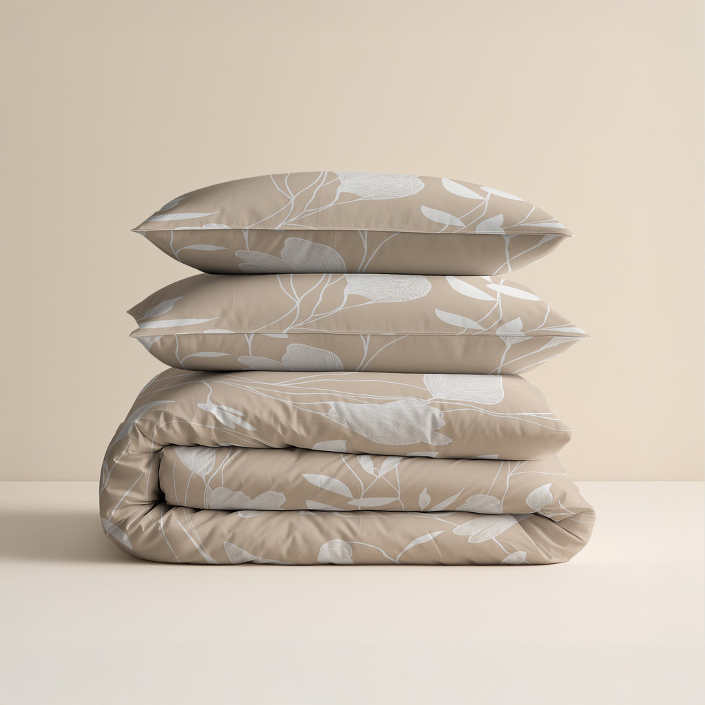 Dekbedovertrek katoen Lente zand beige bloemendessin 140 x 220 cm, met 2 kussenslopen 60 x 70 cm