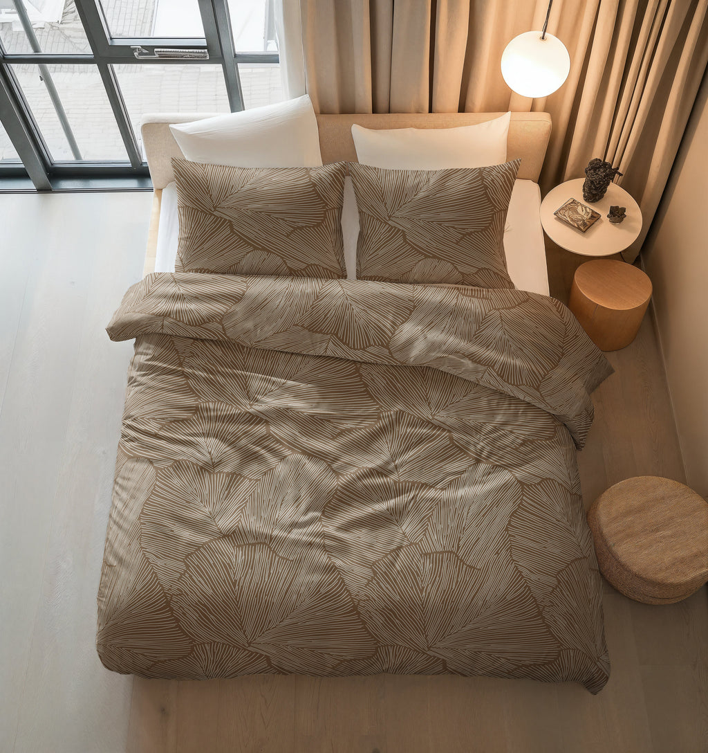 Dekbedovertrek katoen Amber beige bruin bladprint 140 x 220 cm, met kussensloop 60 x 70 cm