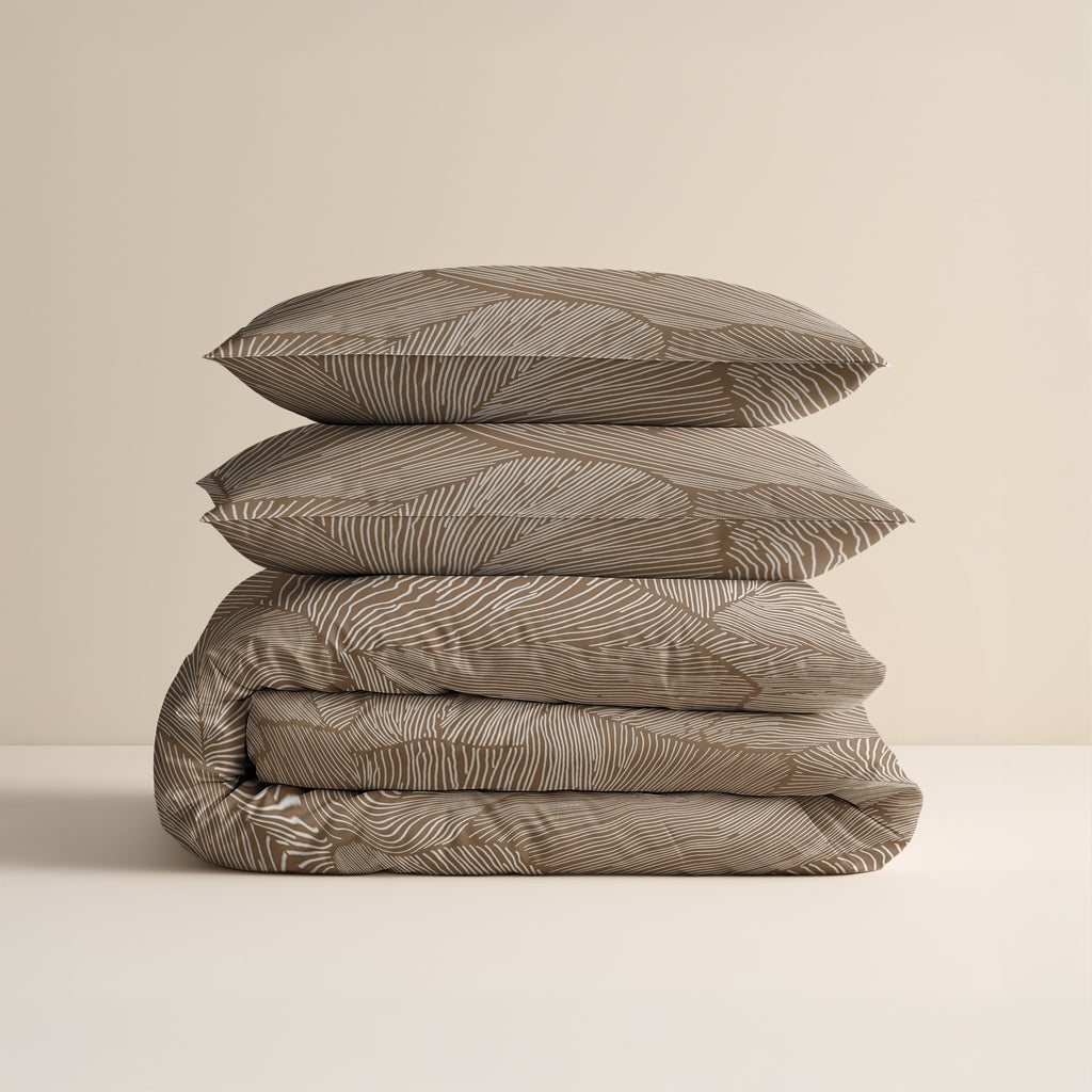 Dekbedovertrek katoen Amber beige bruin bladprint 140 x 220 cm, met kussensloop 60 x 70 cm