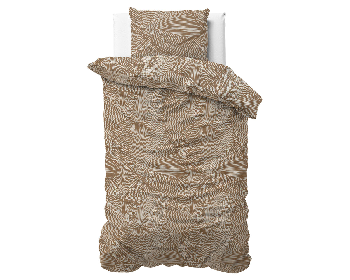 Dekbedovertrek katoen Amber beige bruin bladprint 140 x 220 cm, met kussensloop 60 x 70 cm