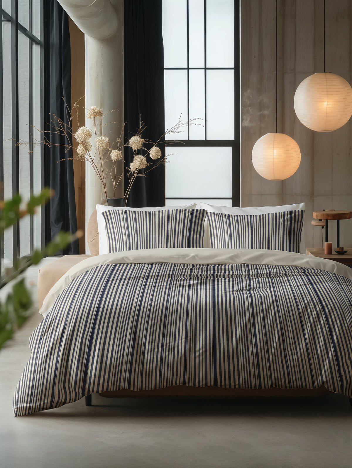 Bed met blauw-wit gestreept dekbedovertrek en kussenslopen in een ruime slaapkamer met papieren hanglampen