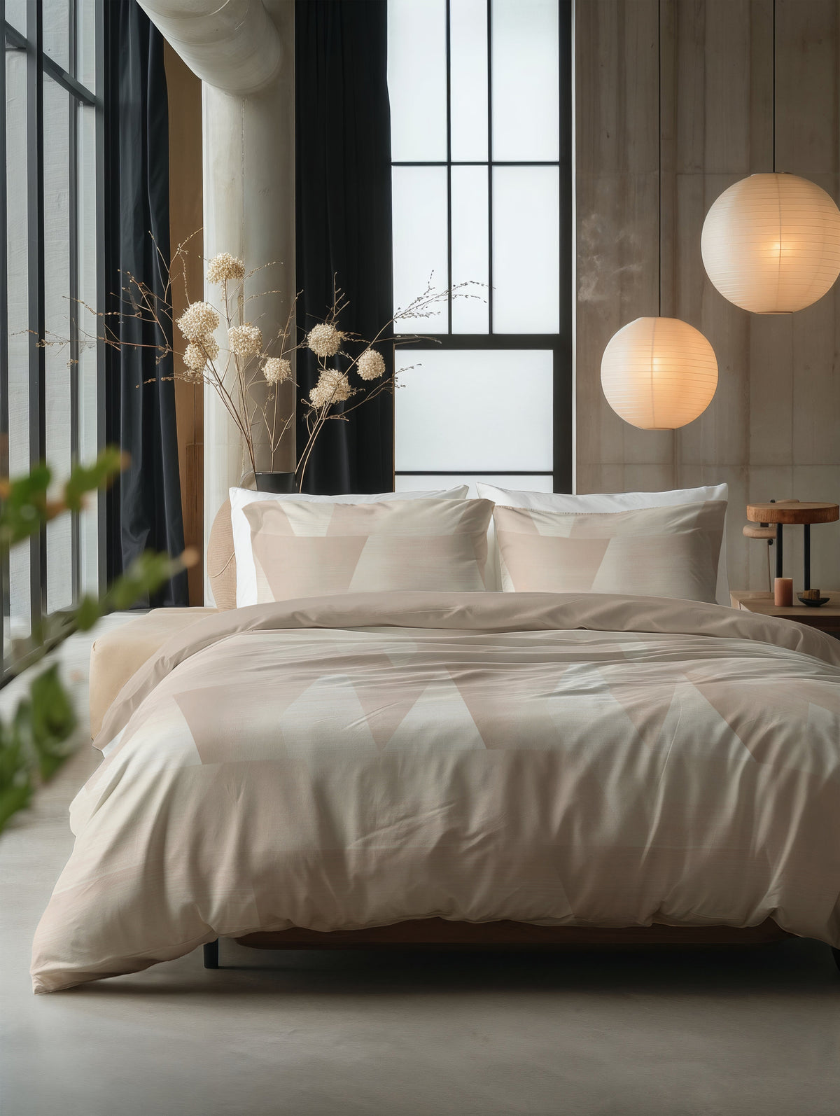 Bed met zand en beige dekbedovertrek met grafisch driehoekpatroon, kussens en ronde hanglampen in een slaapkamer