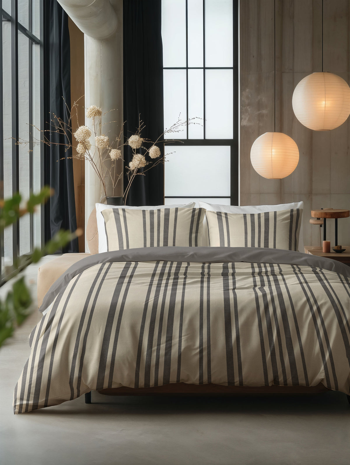 Bed met zandkleurig dekbedovertrek met grijze verticale strepen en twee bijpassende kussenslopen in een slaapkamer
