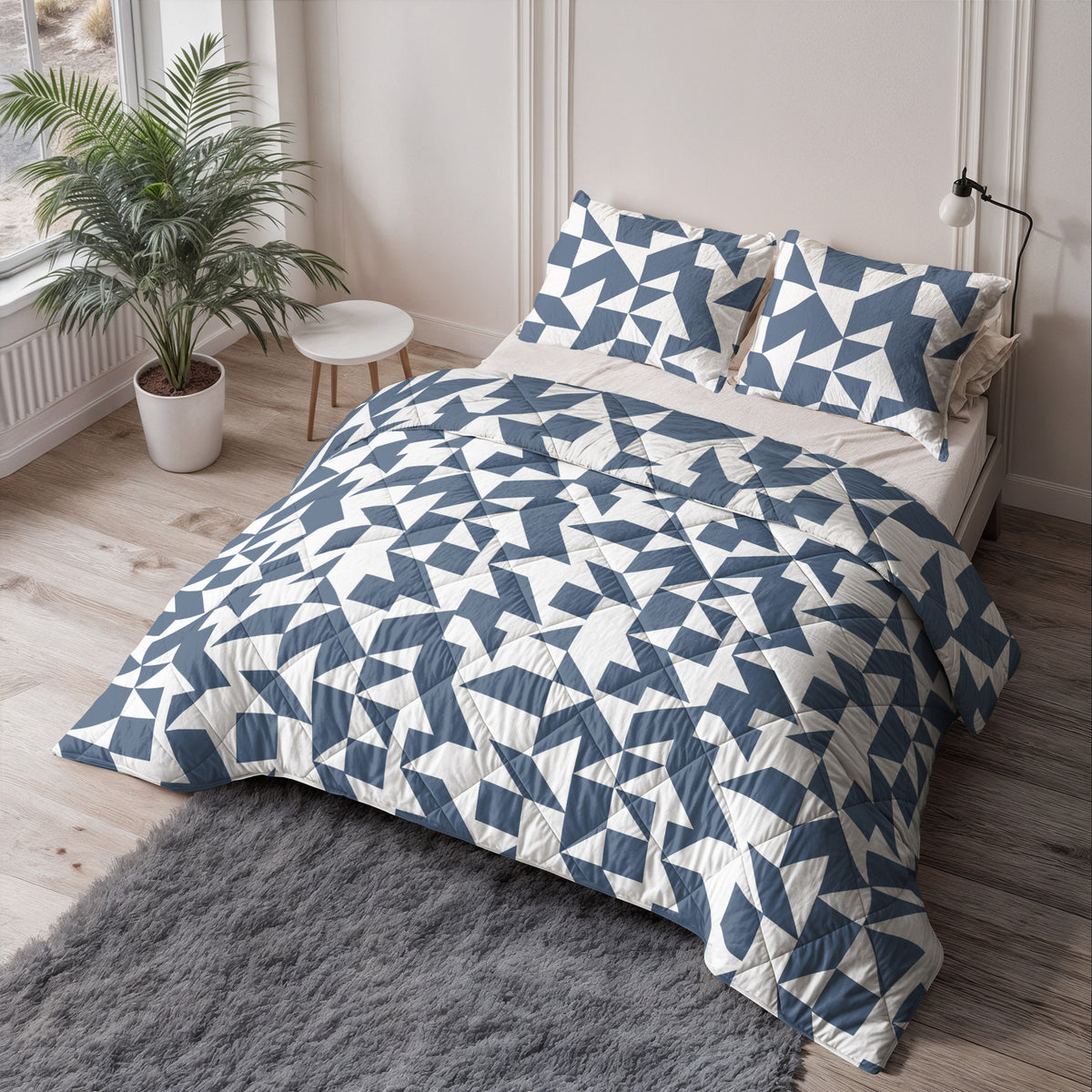 Lazy dekbed polyester microvezel blauw wit grafisch dessin 200 x 220 cm, met 2 kussenslopen 60 x 70 cm