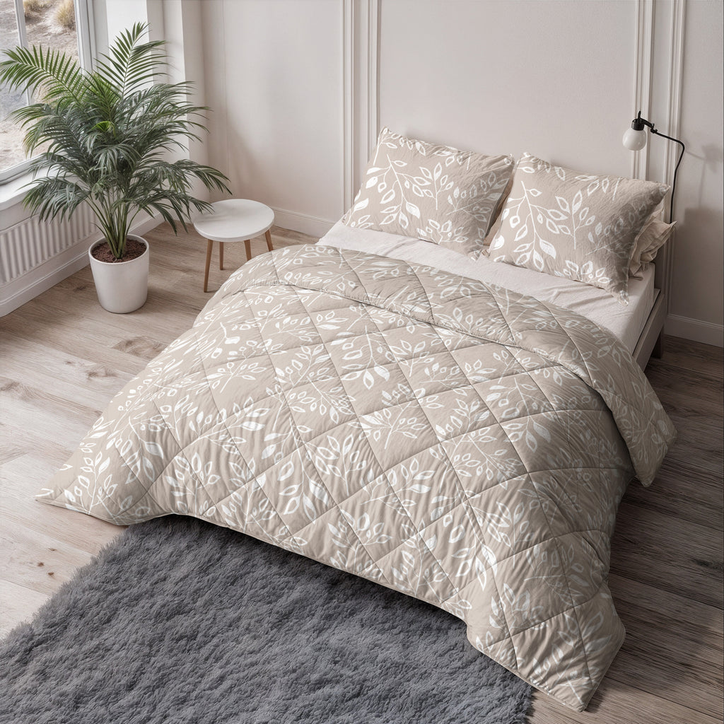 Lazy dekbed polyester microvezel Neva taupe/zand met witte bladprint 140 x 220 cm, dekbed en overtrek in één, met kussensloop