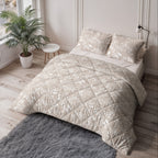 Lazy dekbed polyester microvezel Neva taupe/zand met witte bladprint 140 x 220 cm, dekbed en overtrek in één, met kussensloop