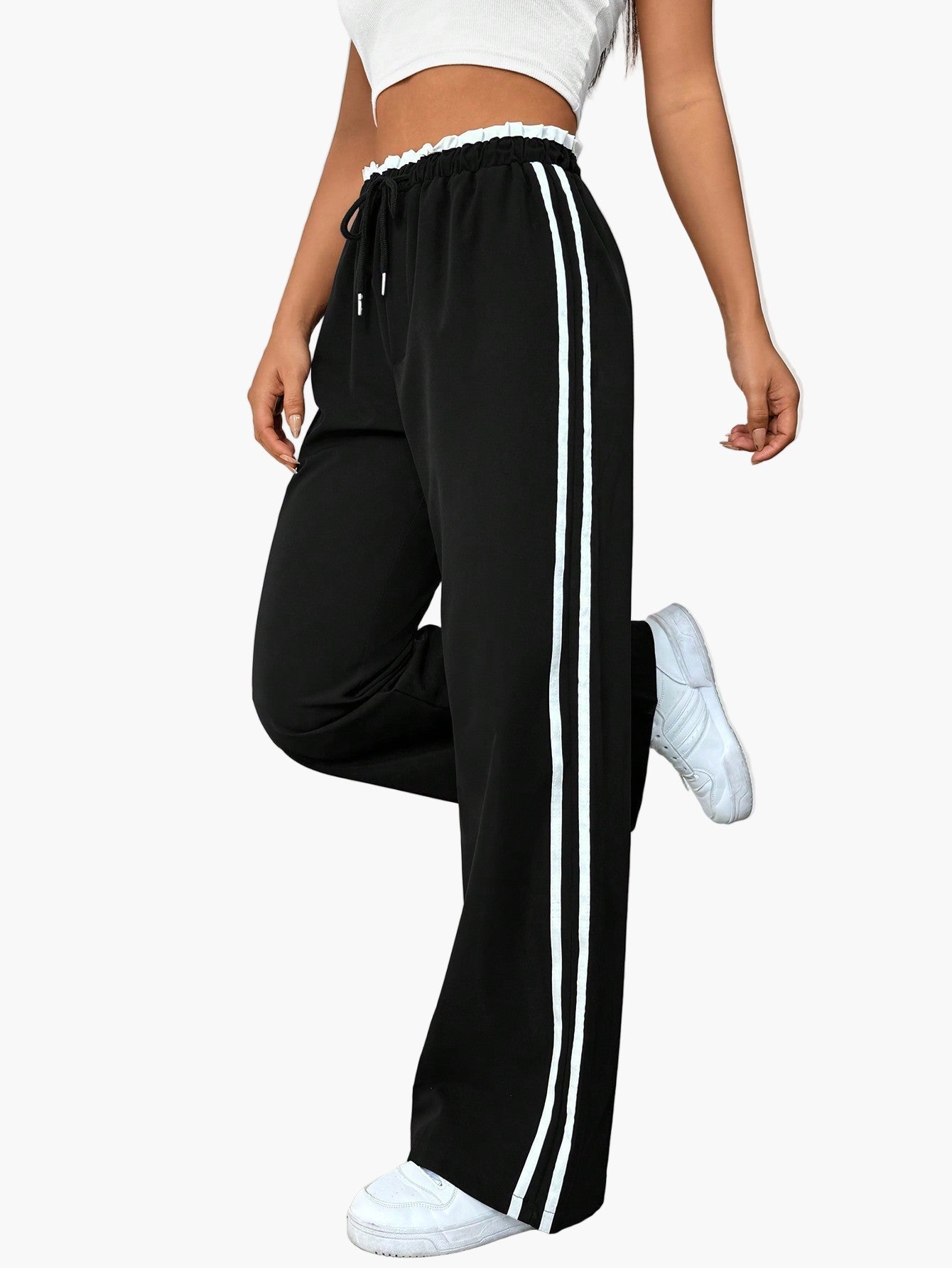 Women's Sporty Wide-Leg Pants with Double Stripes, Streetwear Look, Casual Wear