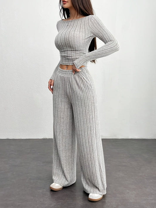 Geripptes Loungewear-Set Damen Langarm Crop Top & Weite Hose