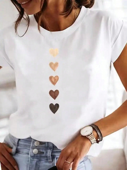 Women's T-Shirt with Heart Print – Casual & Vacation, Fashionable Style