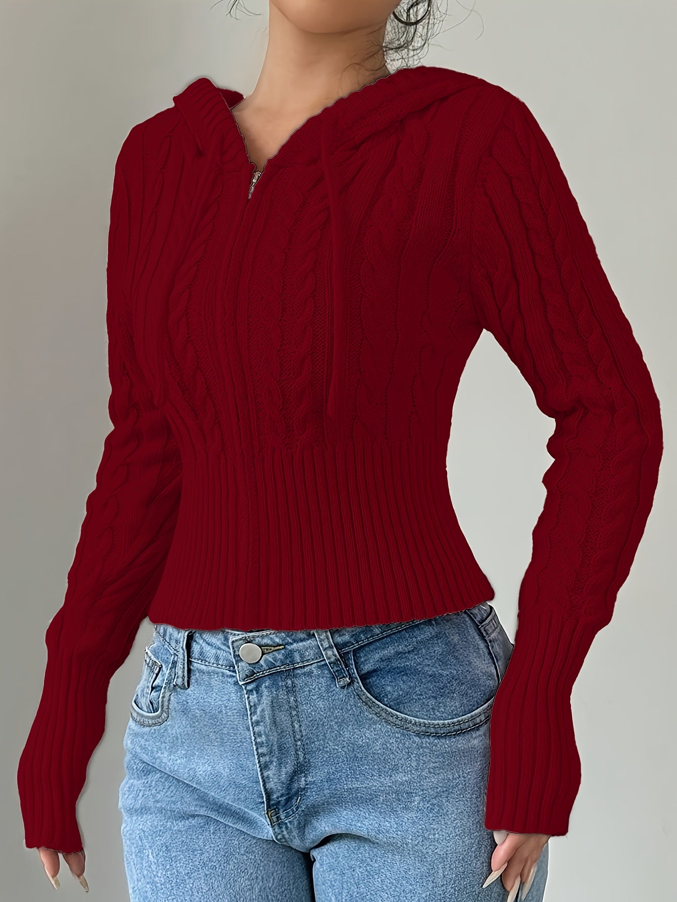 Damen Strickpullover Hoodie Crop Top Zopfmuster Reißverschluss