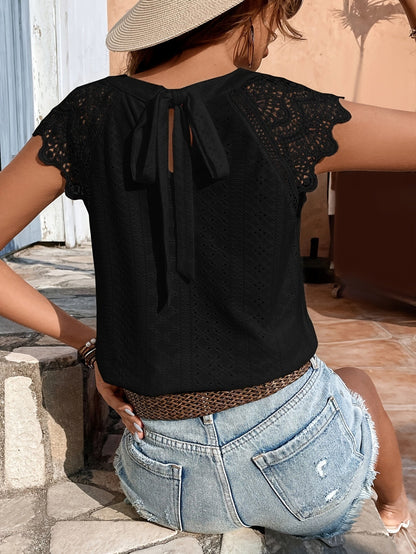 Women's lace blouse with back bow and short sleeves – summer casual boho style
