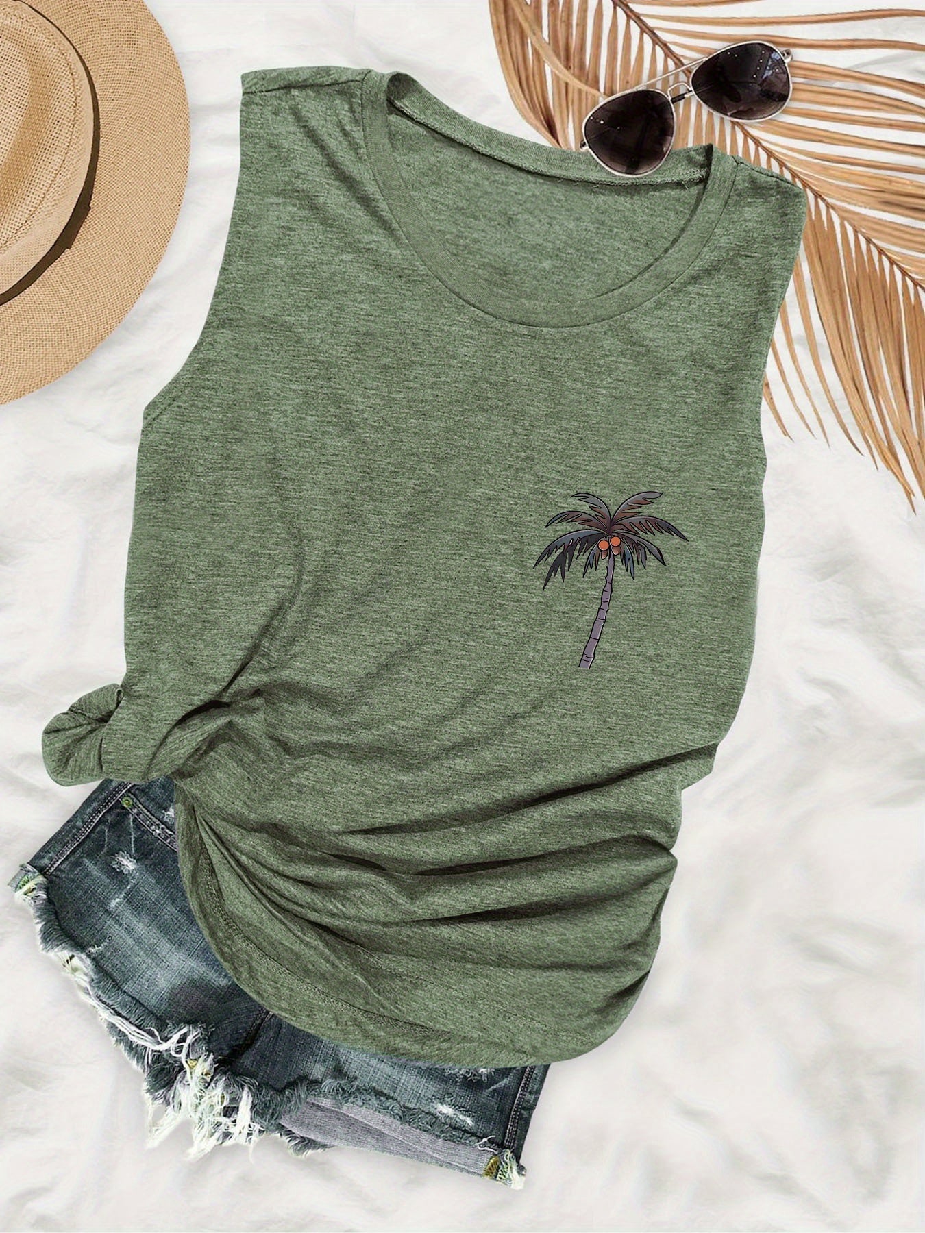 Women's Vacation-Style Tank Top with Palm Tree Print – Perfect for Summer and Leisure