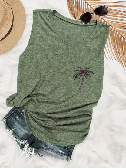 Women's Vacation-Style Tank Top with Palm Tree Print – Perfect for Summer and Leisure
