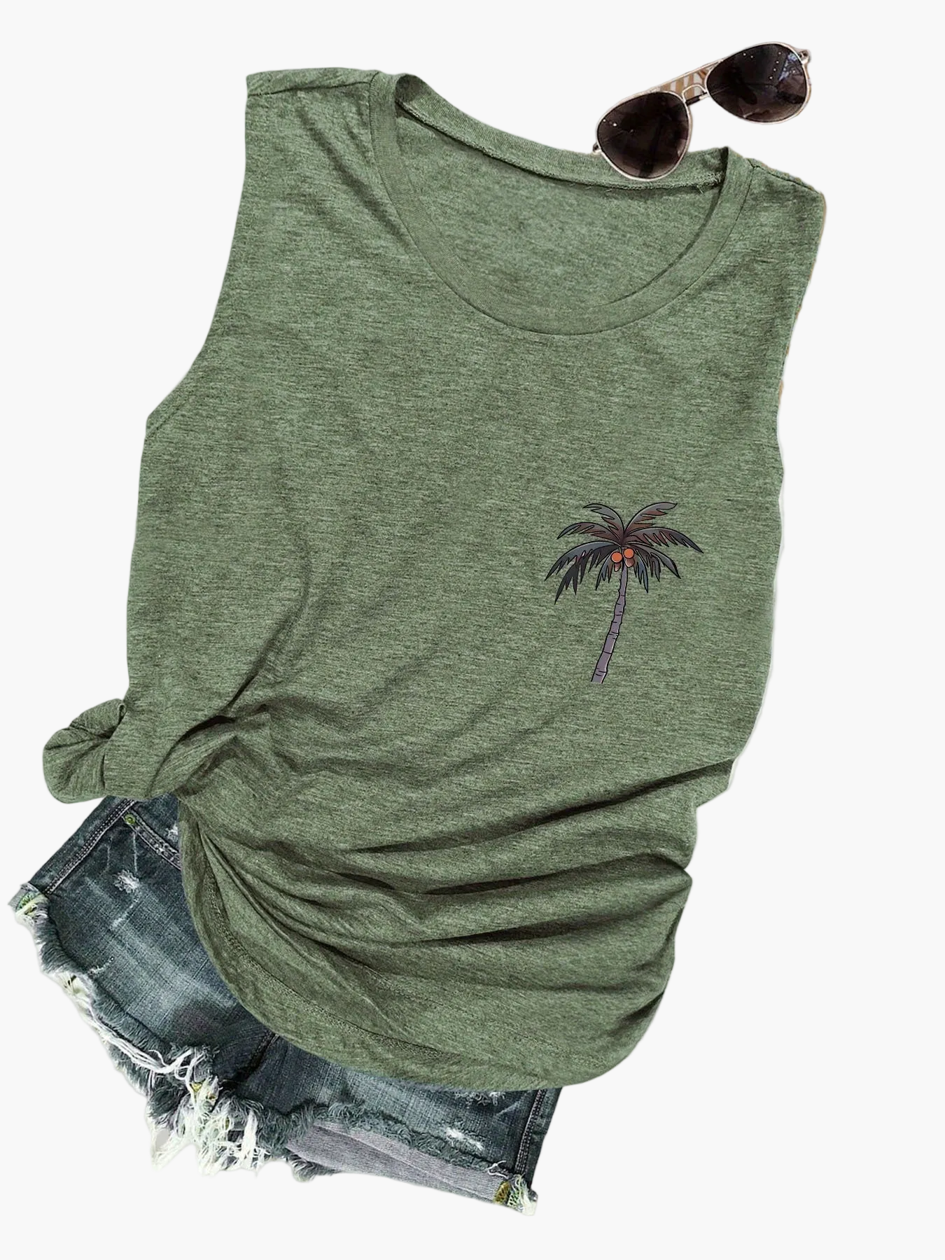 Women's Vacation-Style Tank Top with Palm Tree Print – Perfect for Summer and Leisure