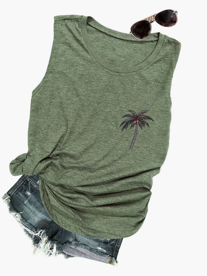 Women's Vacation-Style Tank Top with Palm Tree Print – Perfect for Summer and Leisure