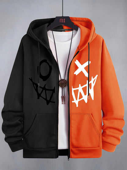 Two-piece men's hooded jacket with a zipper – Two-tone & graphic print