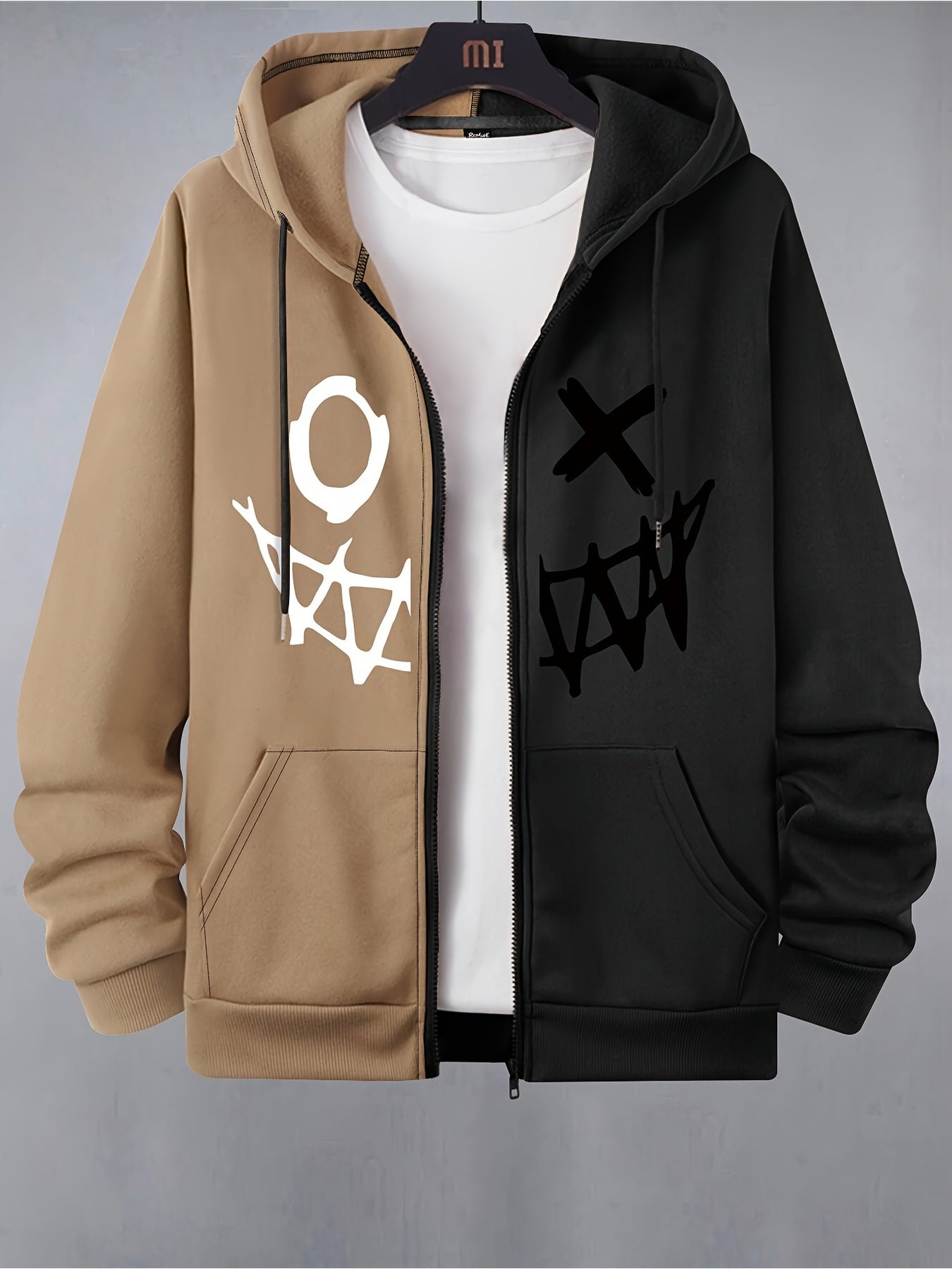 Two-piece men's hooded jacket with a zipper – Two-tone & graphic print