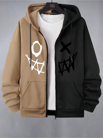 Two-piece men's hooded jacket with a zipper – Two-tone & graphic print