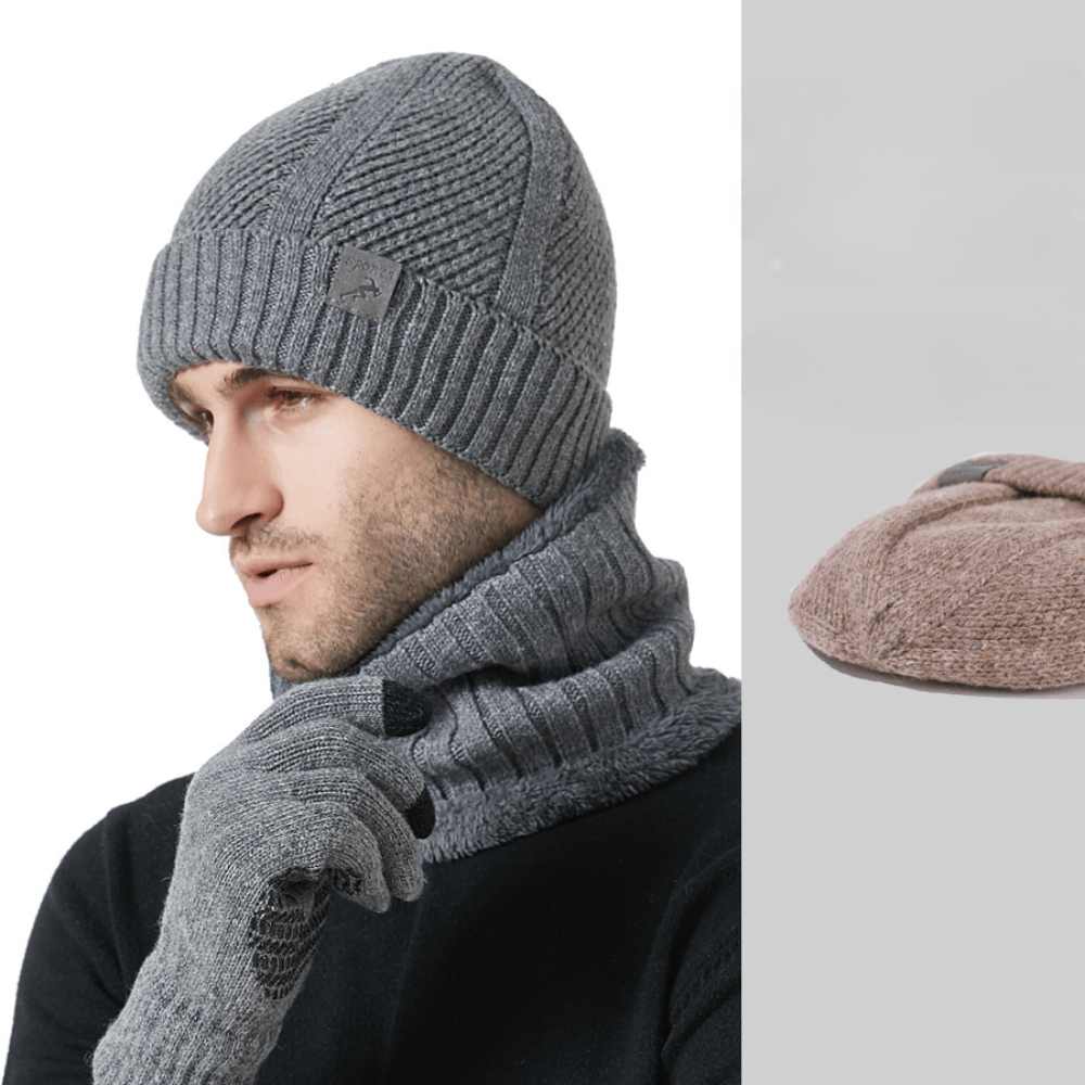Knitted hat, scarf, and gloves set, ribbed, warm, men’s