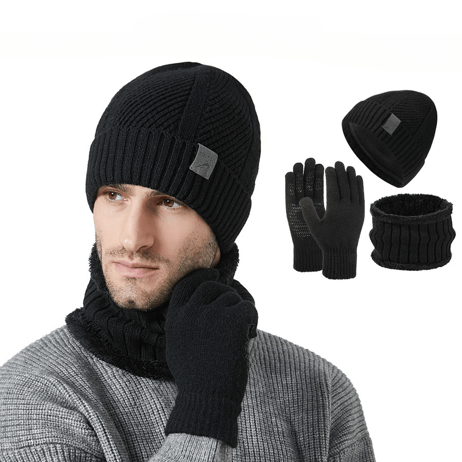 Knitted hat, scarf, and gloves set, ribbed, warm, men’s