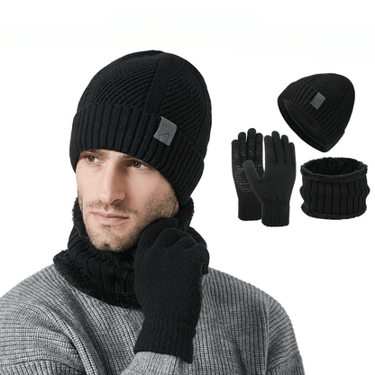 Knitted hat, scarf, and gloves set, ribbed, warm, men’s