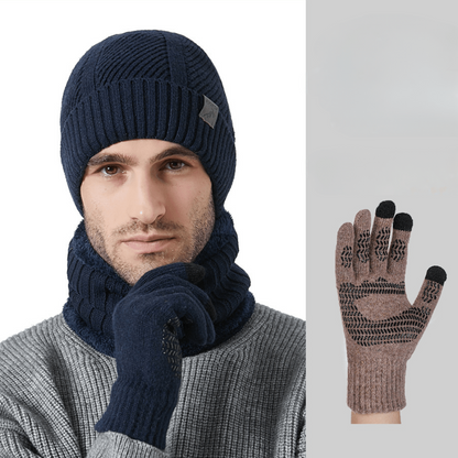Knitted hat, scarf, and gloves set, ribbed, warm, men’s