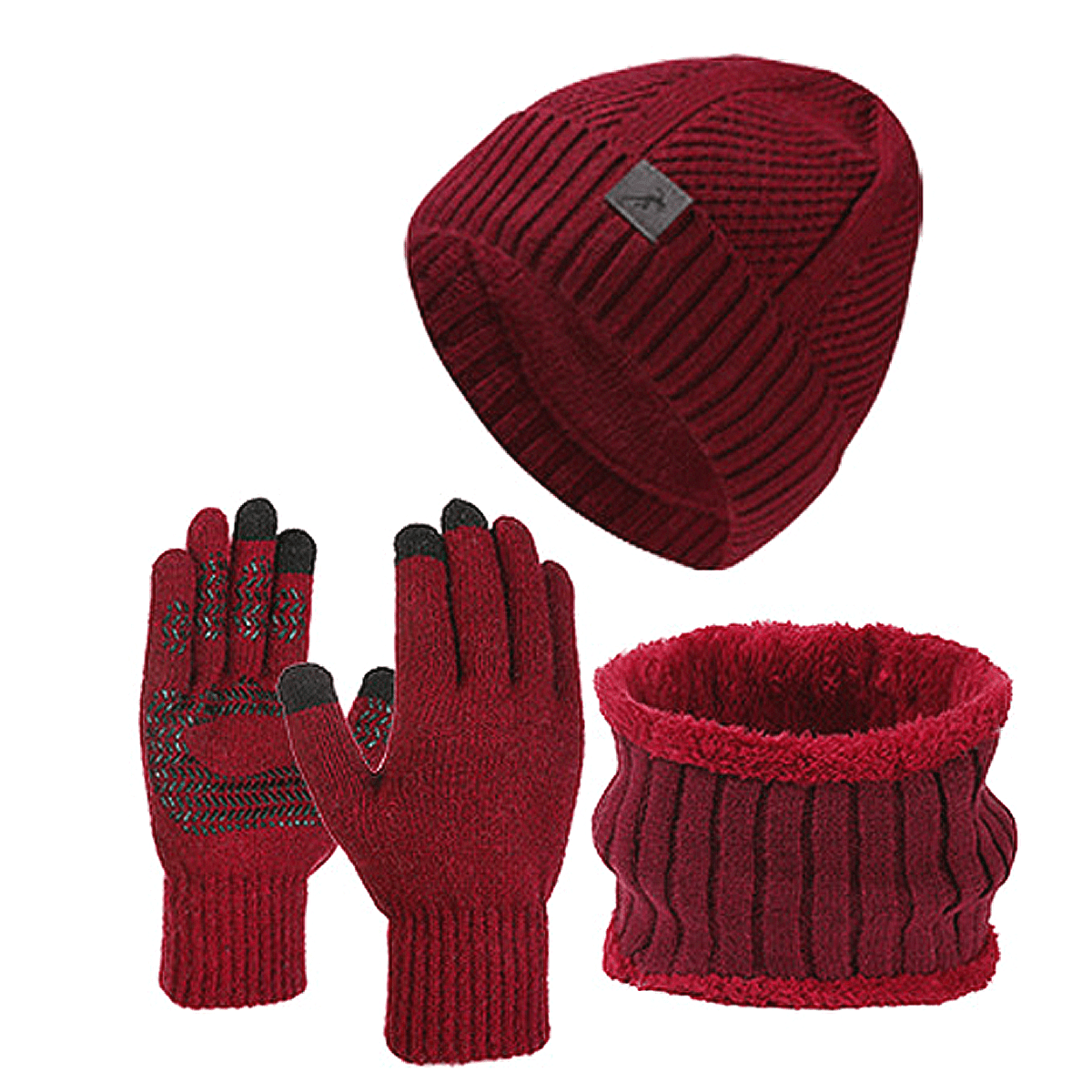 Knitted hat, scarf, and gloves set, ribbed, warm, men’s