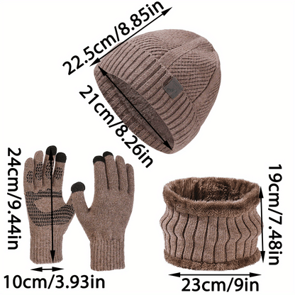 Knitted hat, scarf, and gloves set, ribbed, warm, men’s
