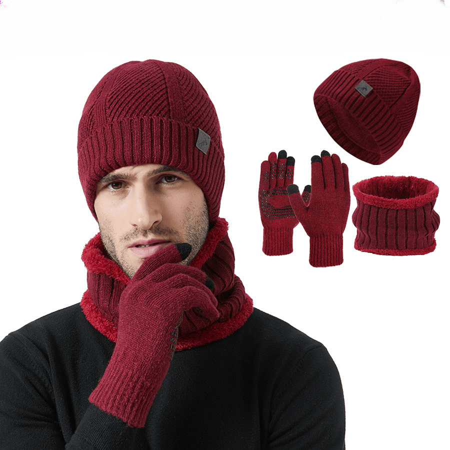 Knitted hat, scarf, and gloves set, ribbed, warm, men’s
