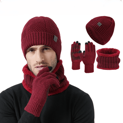 Knitted hat, scarf, and gloves set, ribbed, warm, men’s