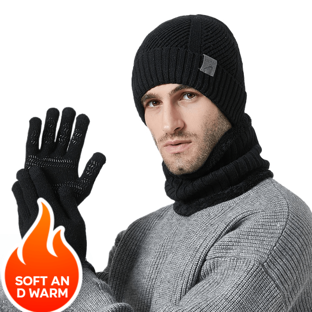 Knitted hat, scarf, and gloves set, ribbed, warm, men’s