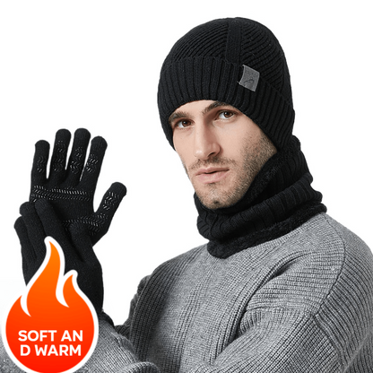 Knitted hat, scarf, and gloves set, ribbed, warm, men’s