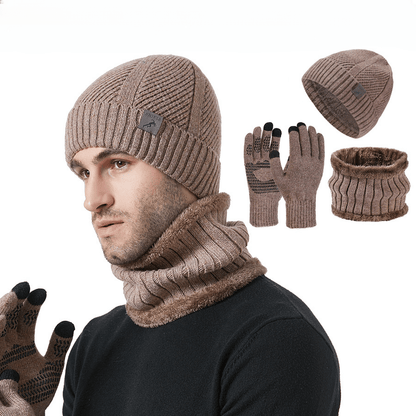 Knitted hat, scarf, and gloves set, ribbed, warm, men’s