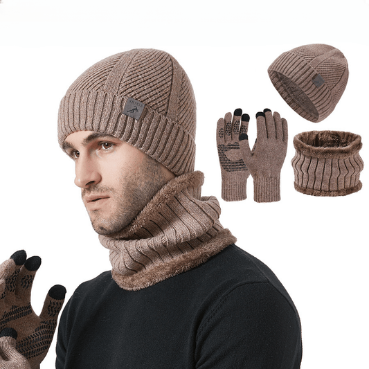 Knitted hat, scarf, and gloves set, ribbed, warm, men’s