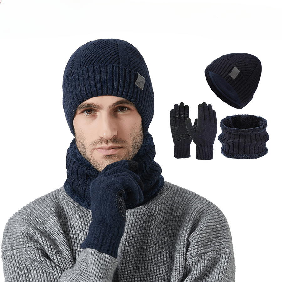 Knitted hat, scarf, and gloves set, ribbed, warm, men’s