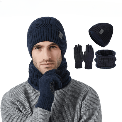 Knitted hat, scarf, and gloves set, ribbed, warm, men’s