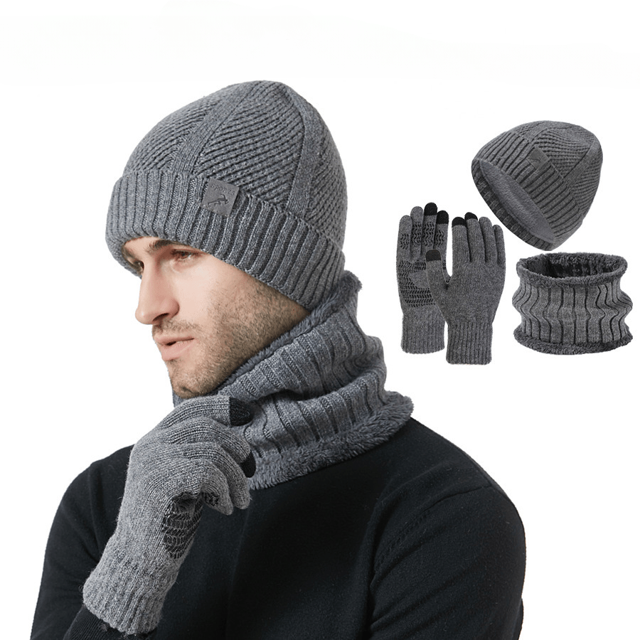 Knitted hat, scarf, and gloves set, ribbed, warm, men’s