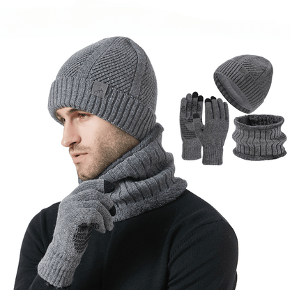 Knitted hat, scarf, and gloves set, ribbed, warm, men’s