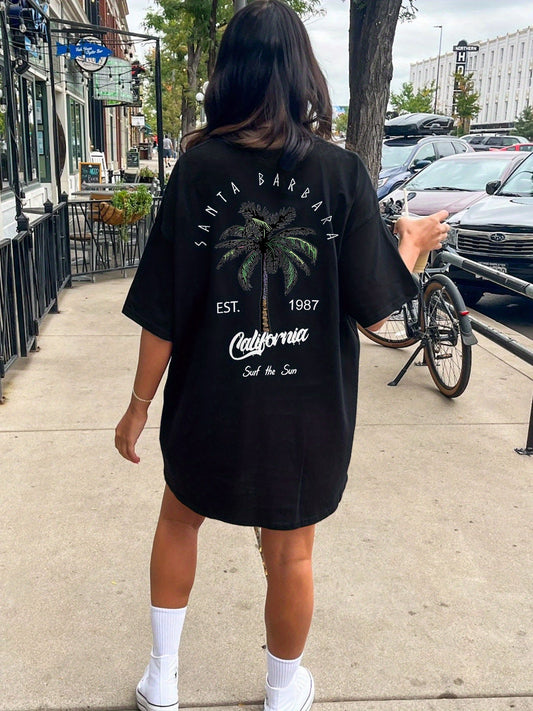 Women's Oversize Streetwear T-Shirt with 'Santa Barbara California' Print – Summer Casual Style