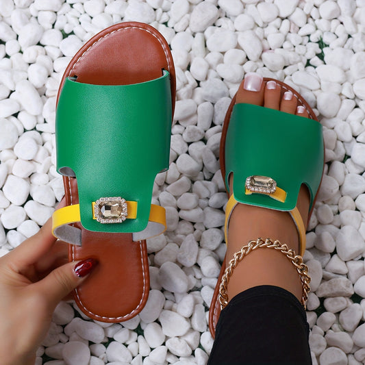 Damen Slide Sandalen mit Schmuckstein – Modische Flats für Alltag und Urlaub