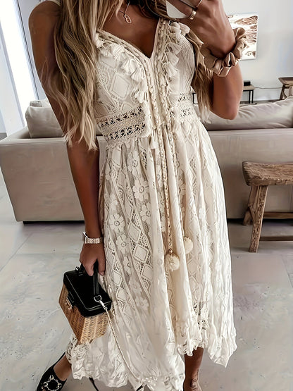 Women's Boho Maxi Dress with Lace and V-Neck for Festive Occasions