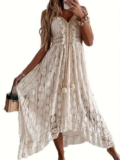 Women's Boho Maxi Dress with Lace and V-Neck for Festive Occasions