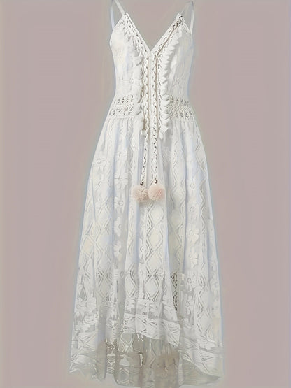 Women's Boho Maxi Dress with Lace and V-Neck for Festive Occasions