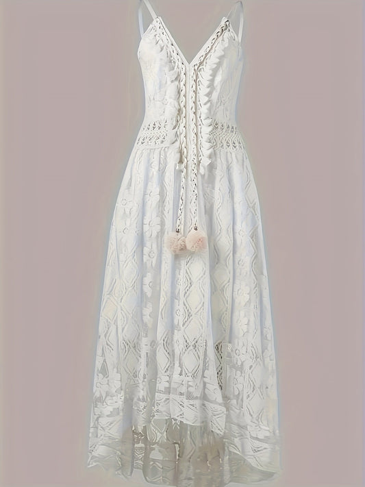 Women's Boho Maxi Dress with Lace and V-Neck for Festive Occasions