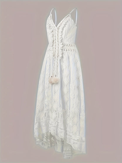 Women's Boho Maxi Dress with Lace and V-Neck for Festive Occasions
